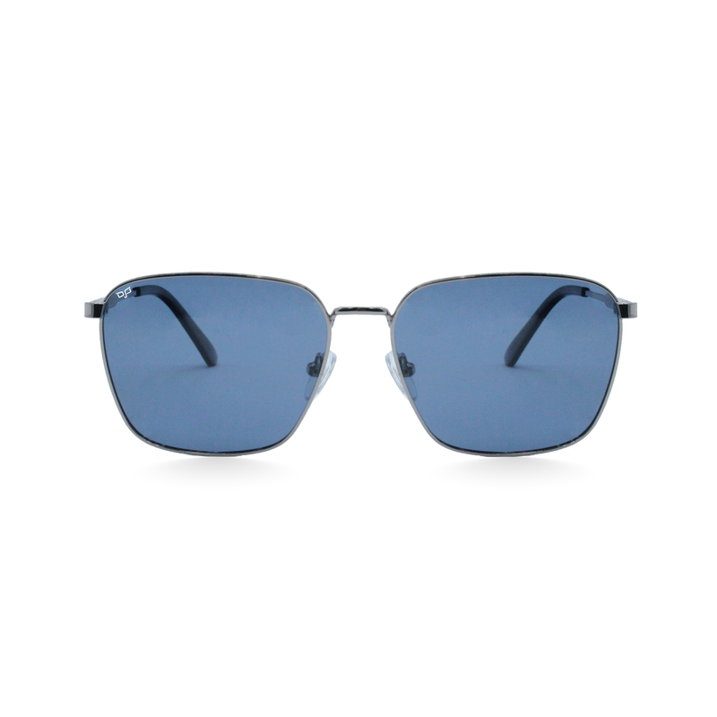 OJO sunglasses square silver frame and temples with polarised blue lenses rx-null