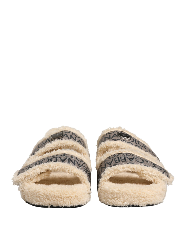 Beige faux fur logo print flats sandals shoes-null