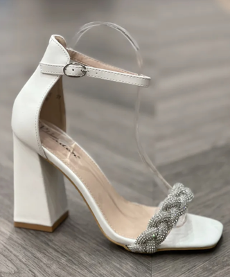 Twisted rhinestones sandal, White, medium