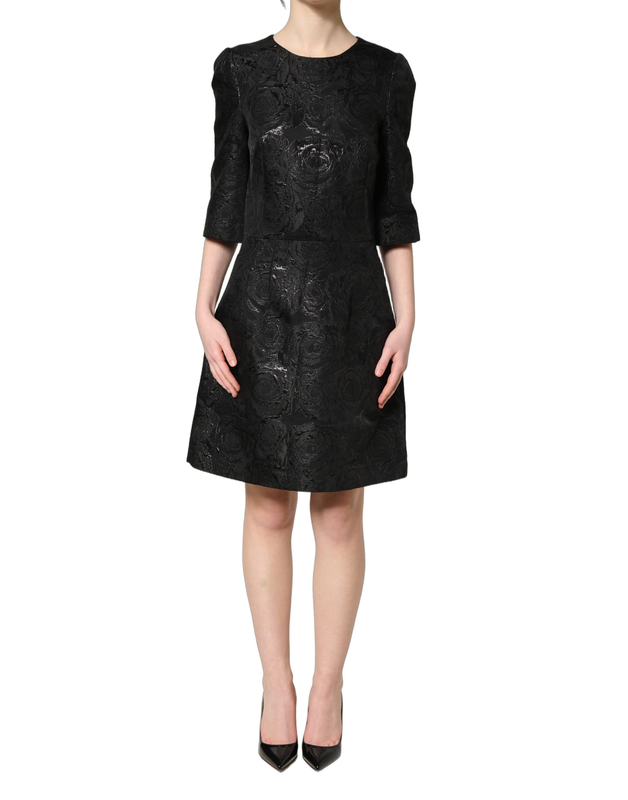Black floral jacquard flared a-line dress-null