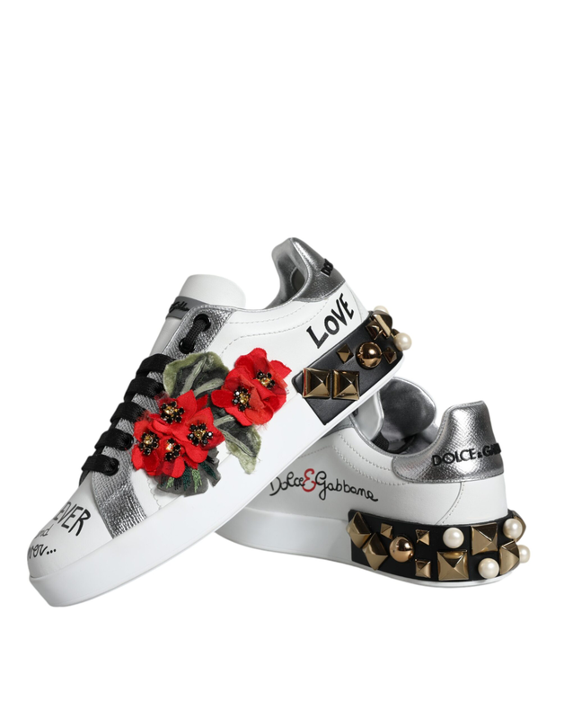 White leather floral studded sneakers shoes-null