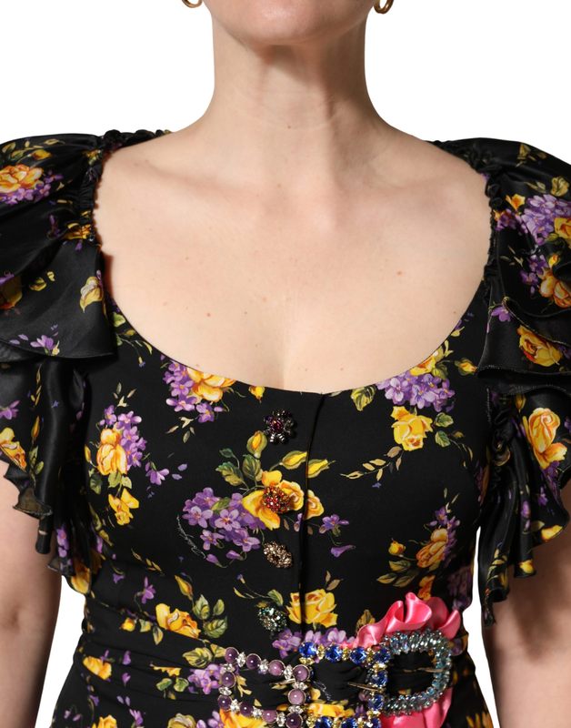 Black purple crystal brooch silk midi dress-null