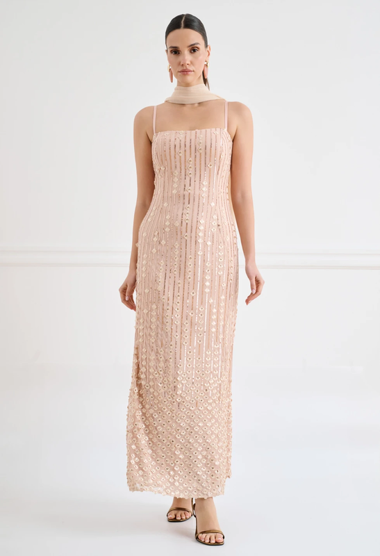 Sequin maxi dress with scarf by desiree - beige , s-null