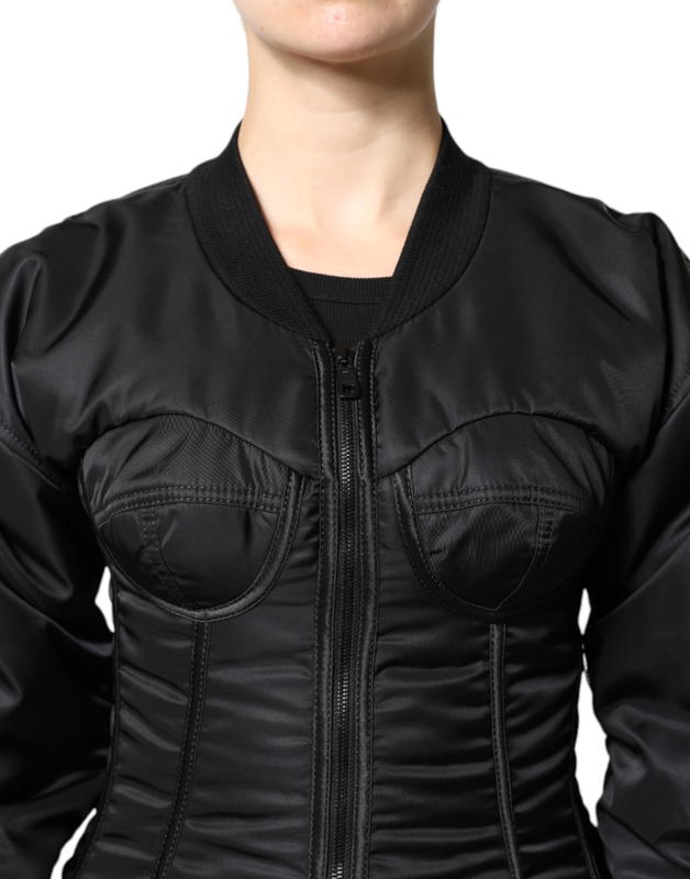 Black nylon full zip bustier corset jacket-null