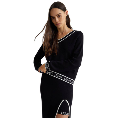 Silk blend knit sweater with logo, Black / White, medium