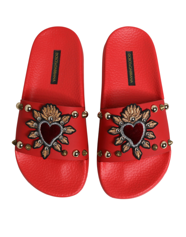 Red sacred heart stud slides beachwear shoes-null