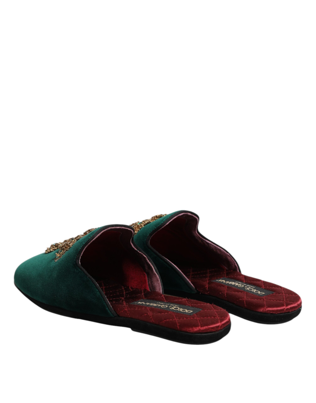 Green velvet cross embellished slippers shoes-null