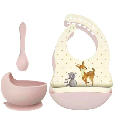 Set of silicone bibs + bowl with suction cup and spoon - deer & raccoon soft pink
