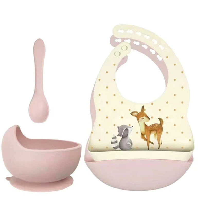 Set of silicone bibs + bowl with suction cup and spoon - deer & raccoon soft pink image number null
