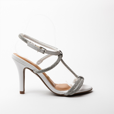 Vizzano high heel sandal with rhinestone embellishments across all straps, White, medium