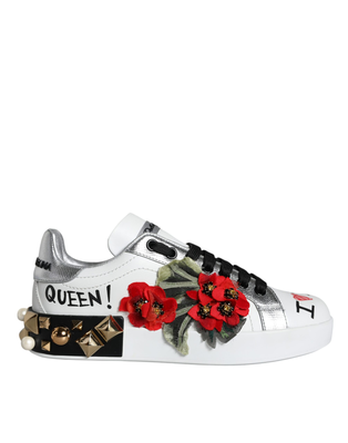 White leather floral studded sneakers shoes, White, medium