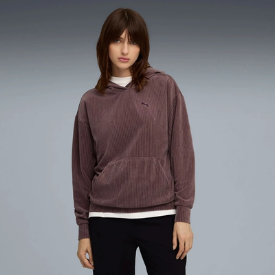 Puma women essentials elevated comfort velour rib hoodie, Purple, medium
