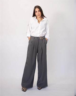 Wide leg pants with gold belt ble207, Grey, medium
