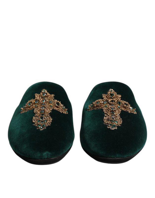 Green velvet cross embellished slippers shoes-null