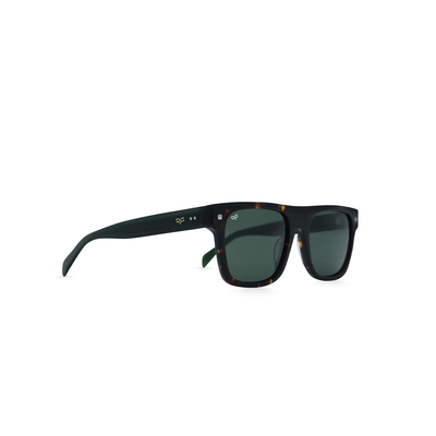 OJO sunglasses shield handmade shell brown frame and clear green temples with green polarised lenses