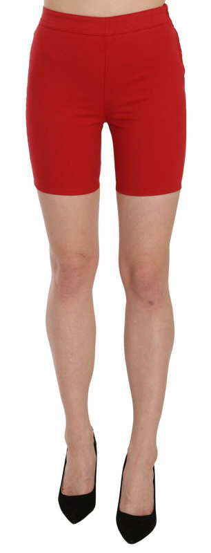 Red mid waist cotton stretch slim mini shorts-null