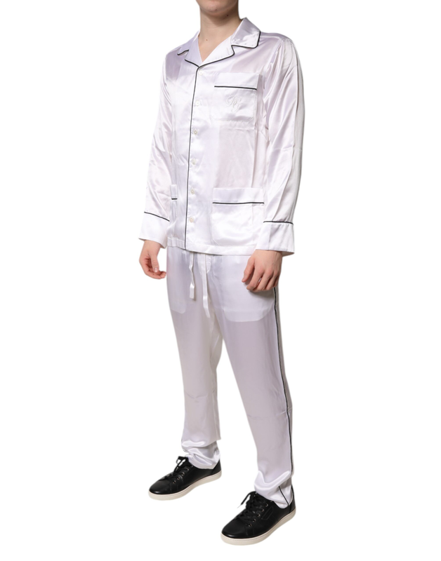 White satin silk men pajama set sleepwear-null
