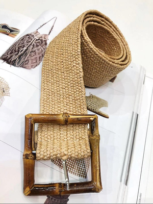 Bamboo buckle straw belt natural, Beige Nude, medium