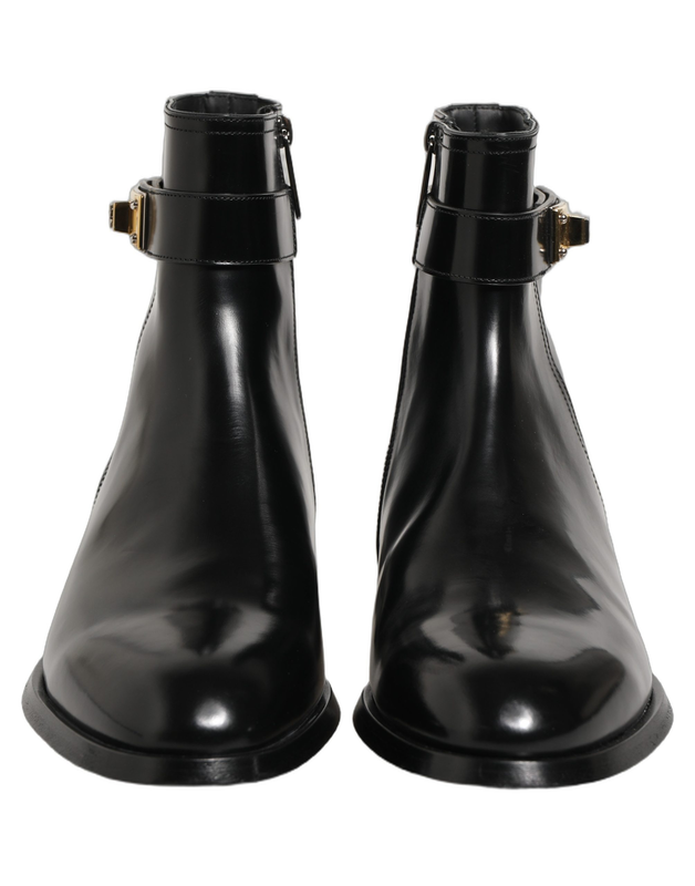 Black leather logo buckle mid calf boots shoes-null