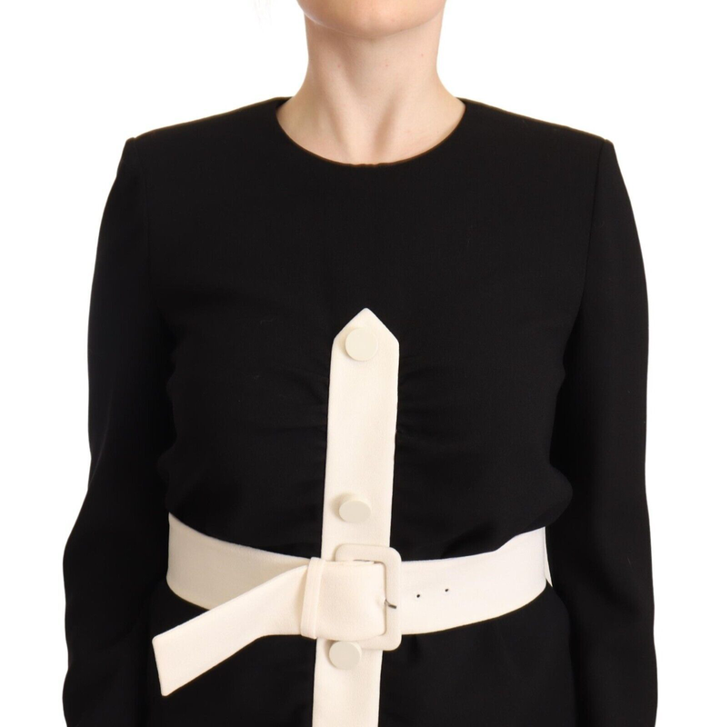 Black wool long sleeves belted mini sheath dress-null