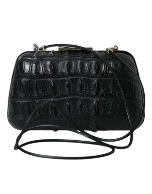 Black exotic skin leather shoulder crossbody box clutch bag, Black, medium