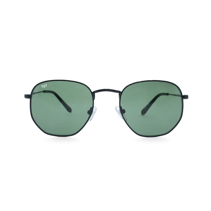 OJO sunglasses everyday hexagon black frame and temples with green lenses rx-null