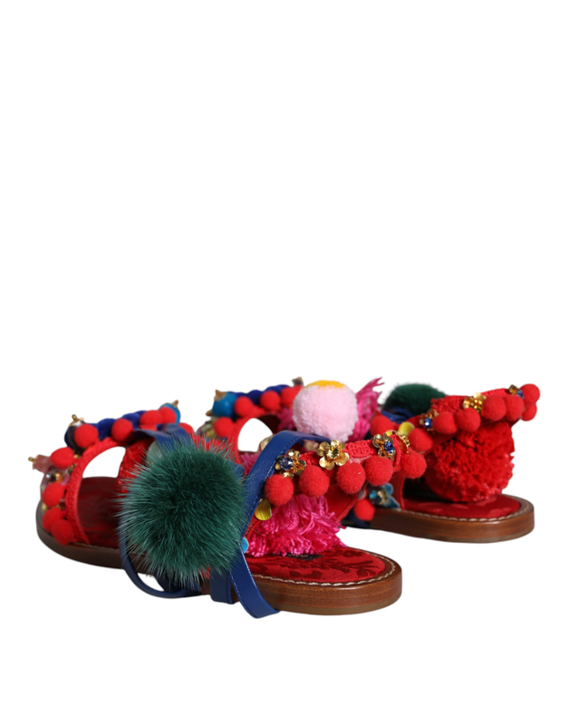 Multicolor pom pom fur wrap sandals shoes-null