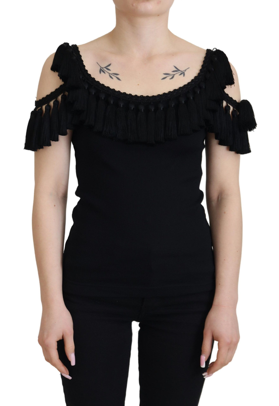 Black tank top blouse tassle cotton blouse-null