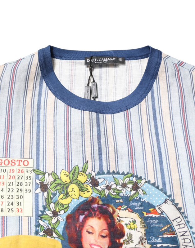 Multicolor striped pin up linen round neck t-shirt-null
