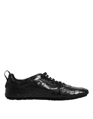 Black exotic leather low top sneakers shoes, Black, medium