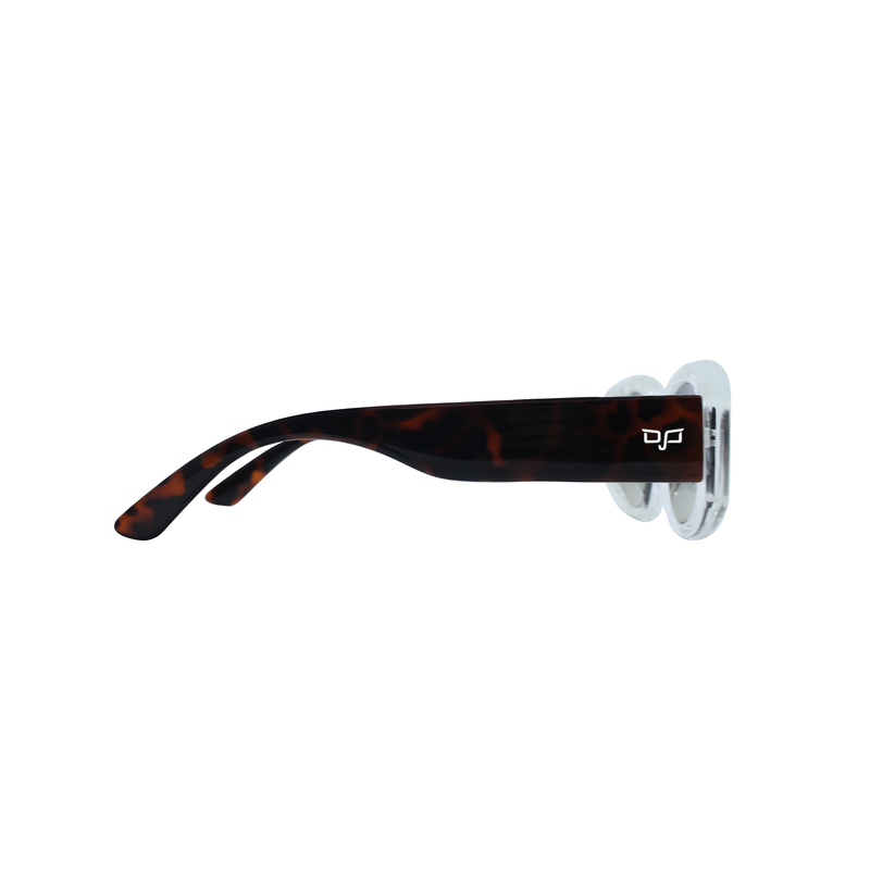 OJO sunglasses trend oval with clear frame and shell brown temples with brown gradient lenses rx-null