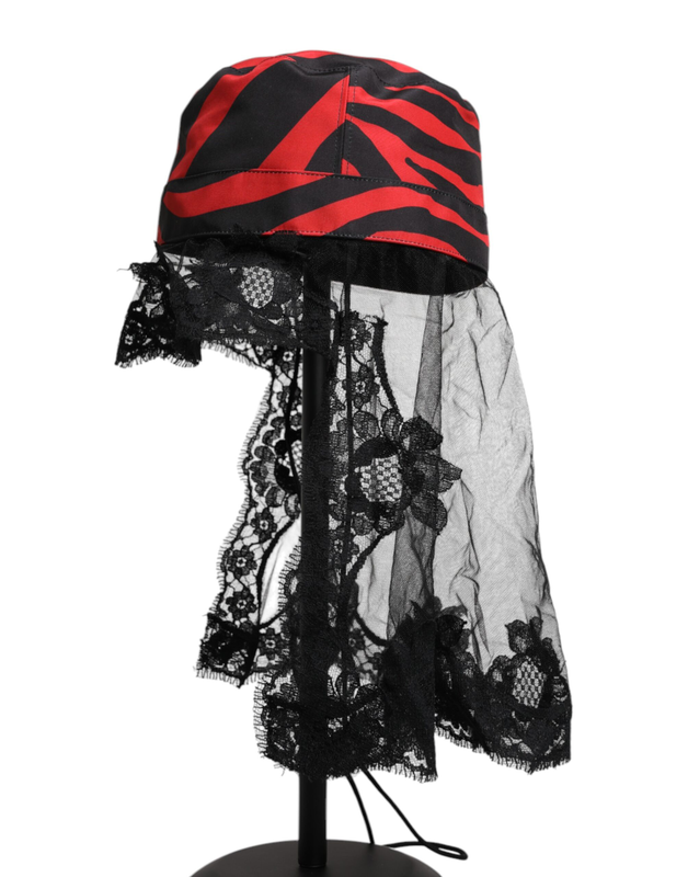 Black red stripes lace tulle bucket hat-null