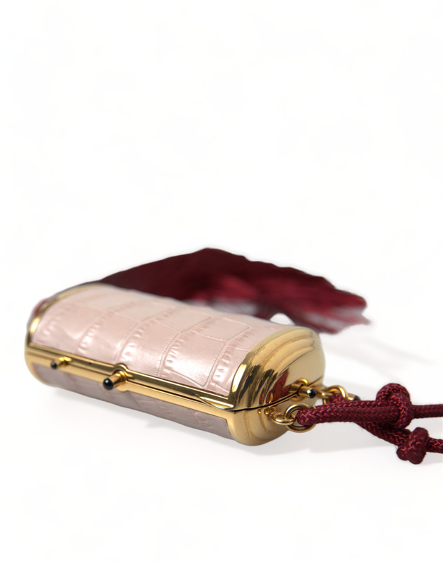 Pink exotic leather mini mirror tassel makeup bag-null