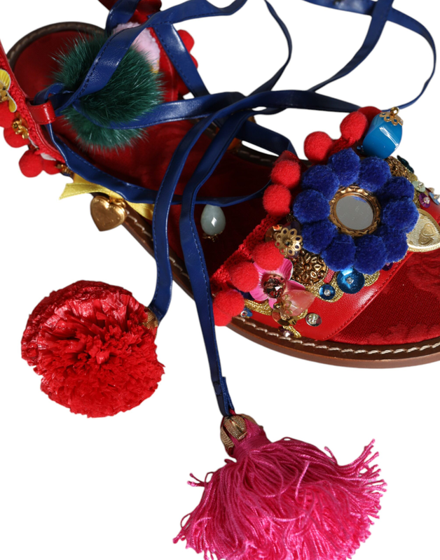 Multicolor pom pom fur wrap sandals shoes-null