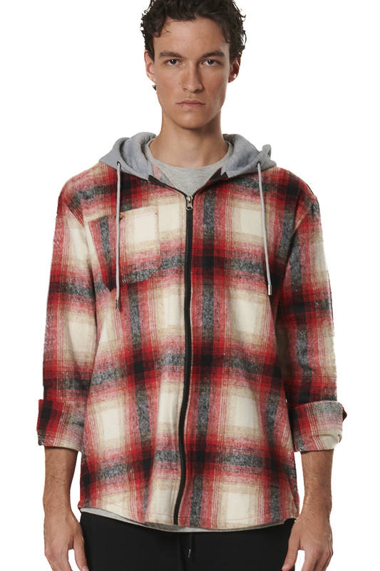 Men's plaid hooded flannel shirt zip-null