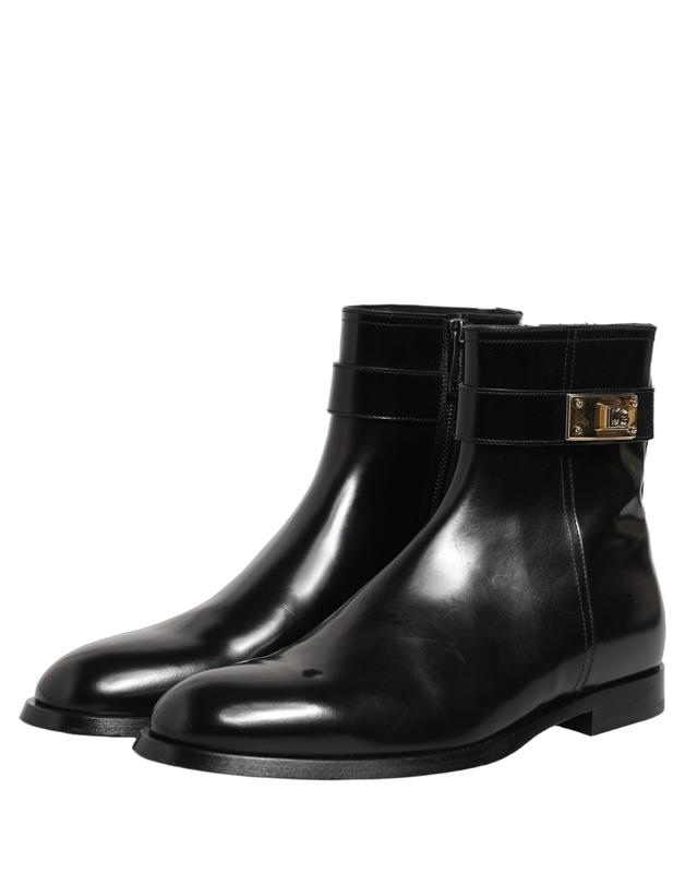 Black leather logo buckle mid calf boots shoes-null