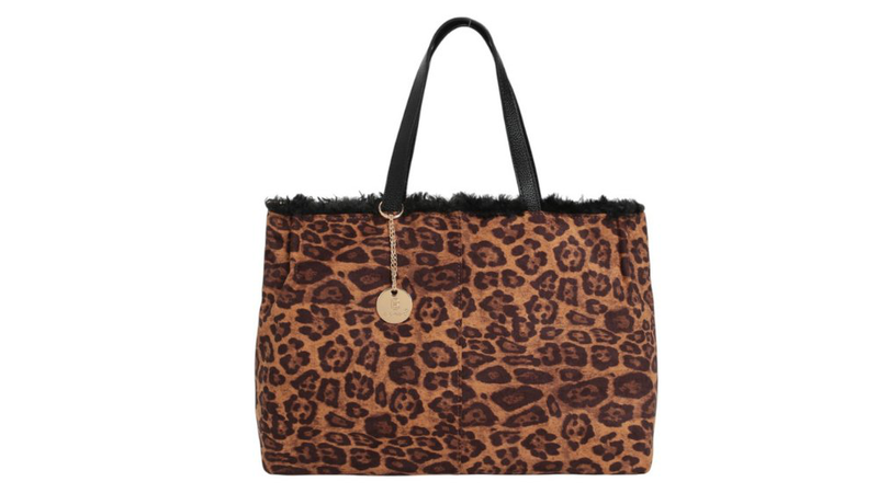 Leopard print tote bag with faux fur trim &ndash; black handles-null