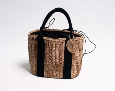 Tote weaved bag with cotton handles - brown, Brown, medium