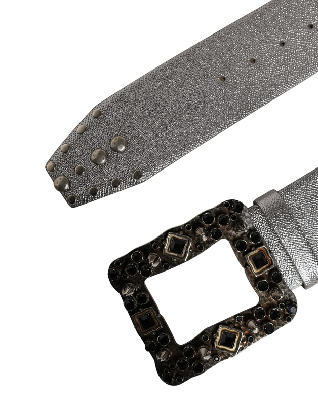 Silver leather crystal metal buckle belt-null
