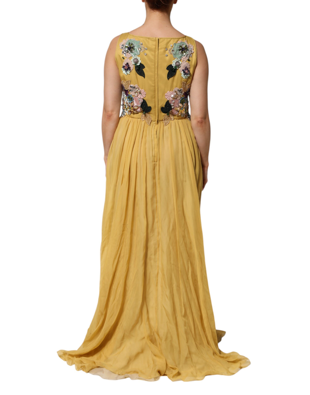 Yellow silk floral embroidered maxi dress-null