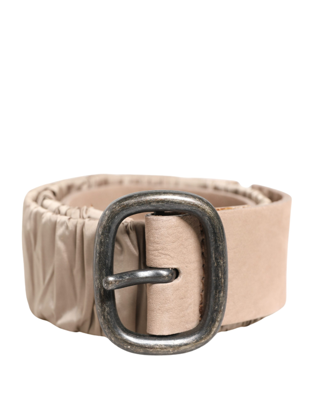 Women beige polyester silver metal buckle waist belt-null