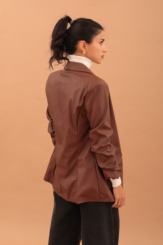 Mirabel faux leather ruffle sleeve blazer - brown - m-null