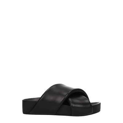 Black leather slippers, Black, medium