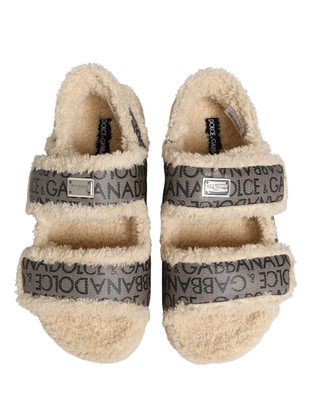 Beige faux fur logo print flats sandals shoes-null