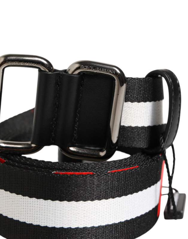 Black white striped logo metal buckle belt-null