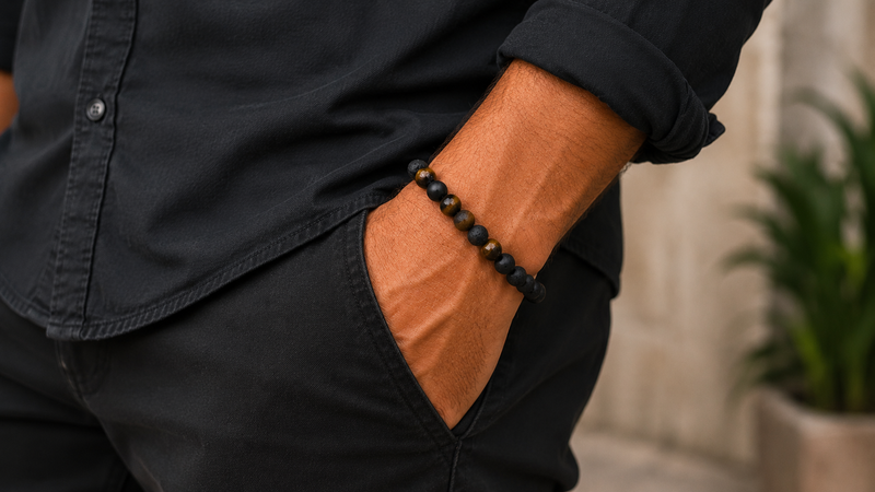 Men's tiger eye & lava stone bracelet-null
