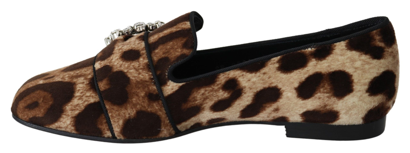Brown leopard print crystals loafers flats shoes-null