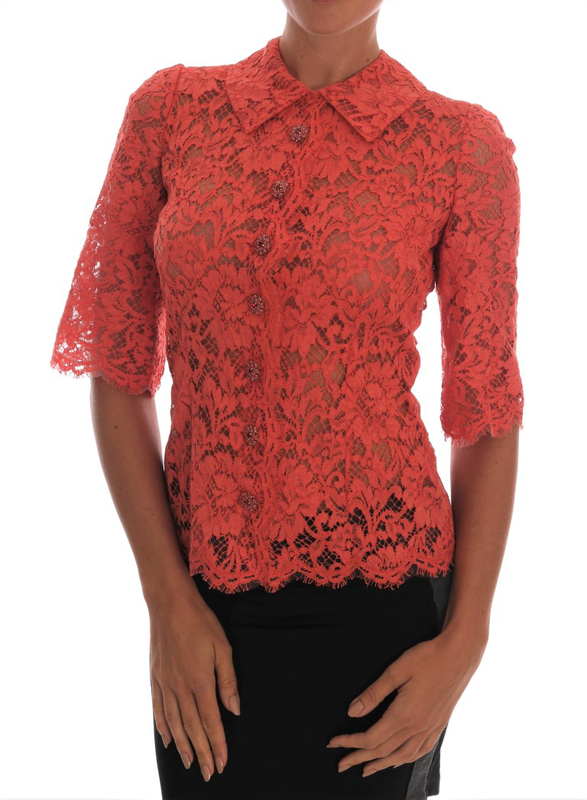 Orange crystal buttons floral lace blouse-null