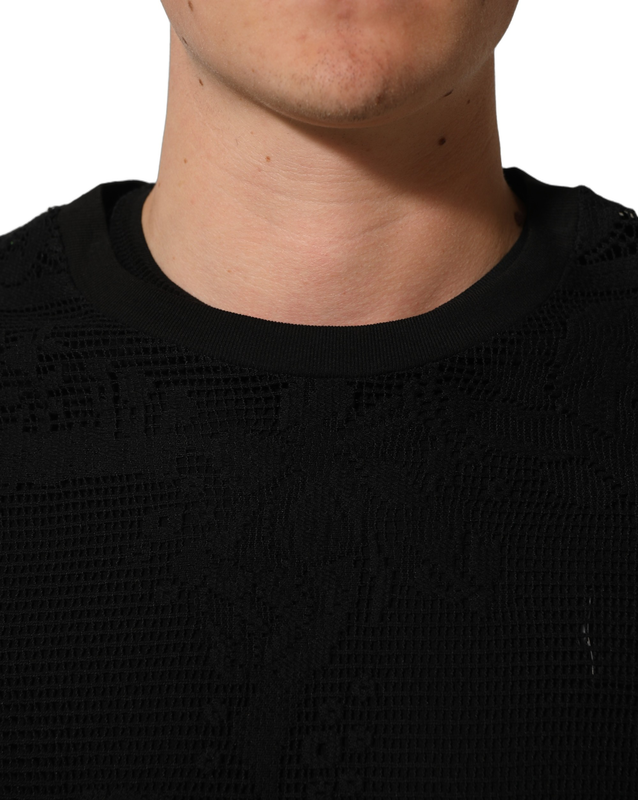 Black cotton floral lace crew neck t-shirt-null