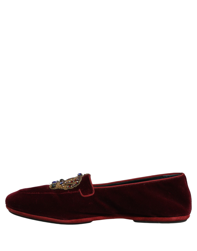 Burgundy velvet crown slip on loafers shoes-null